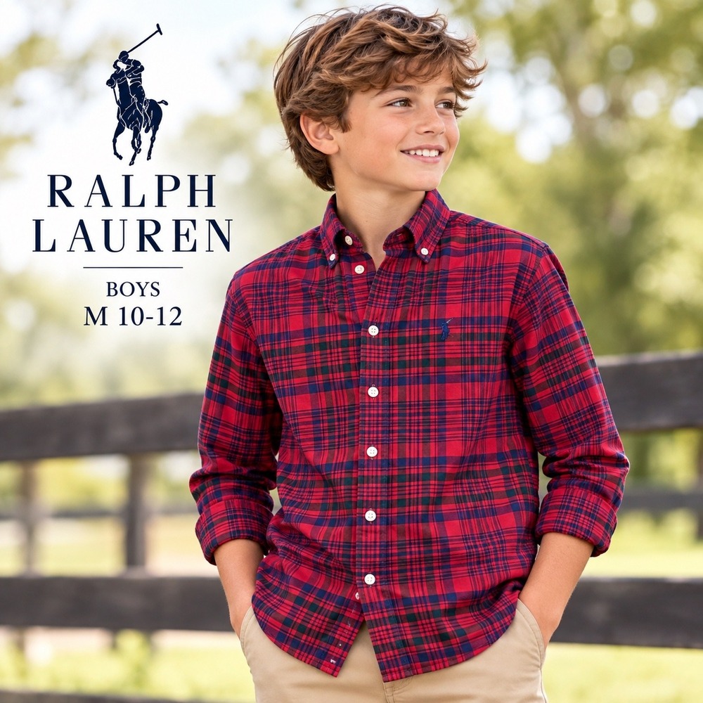 Ralph Lauren Button Down Shirt Boys M 10-12 Red Blue Plaid Long Sleeve Pony Logo